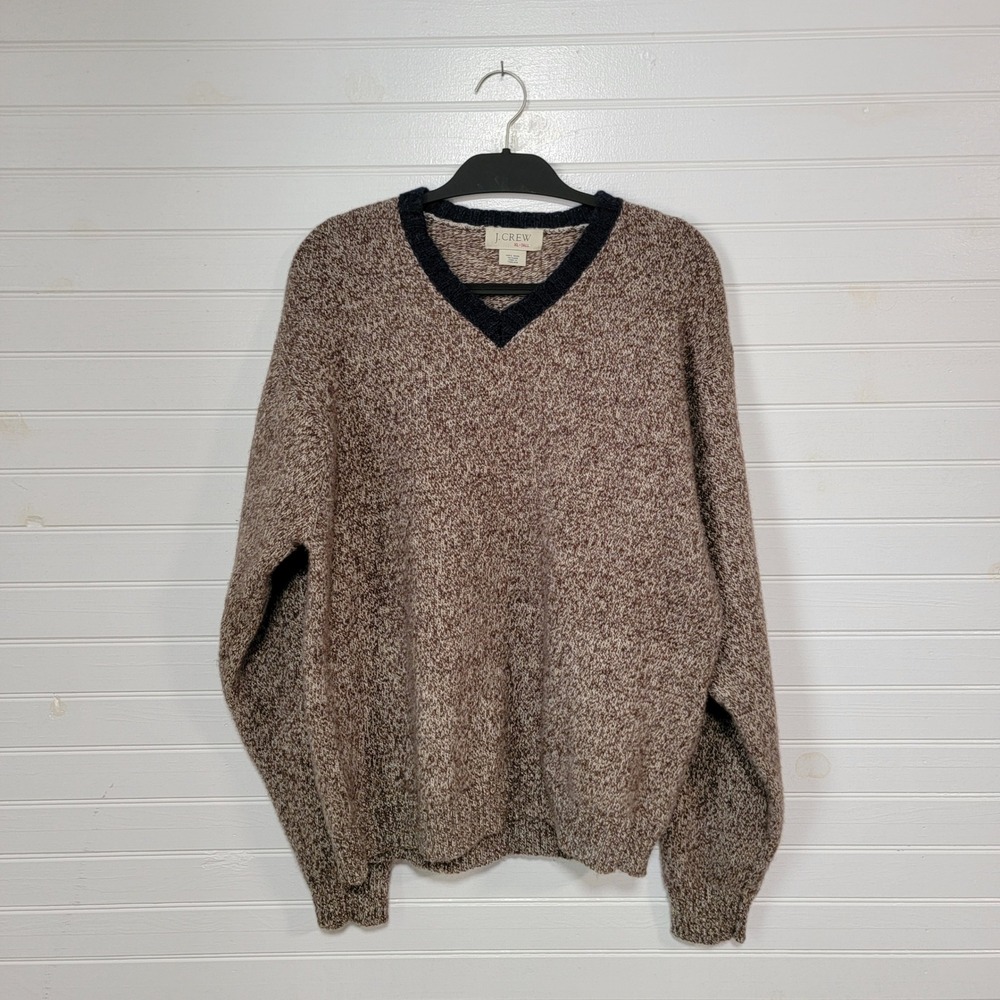 J Crew Mens XL Tall Shetland Wool V-Neck Sweater Brown Pullover Varsity Stripe
